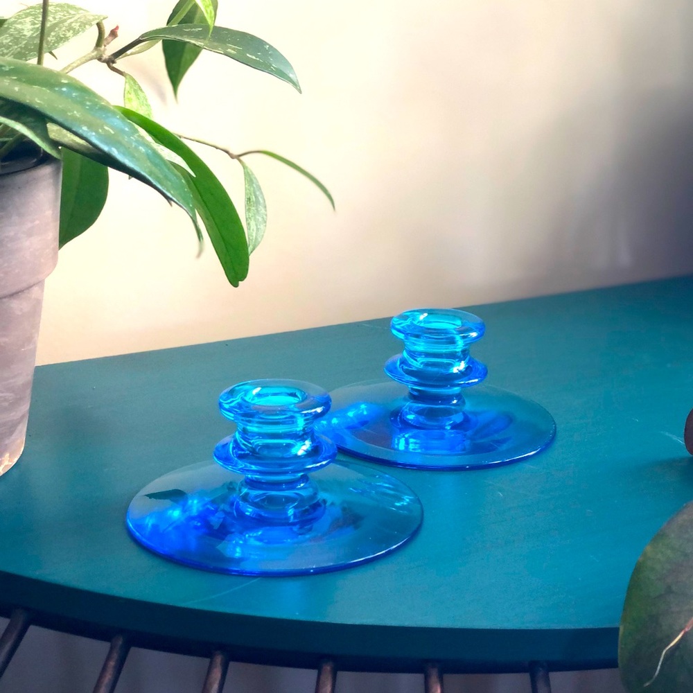 Pair of Blue Short Candle Holders